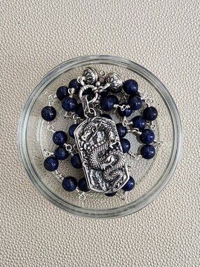 8MM LAPIS LAZULI NECKLACE W/ 925 SILVER DRAGON--26"